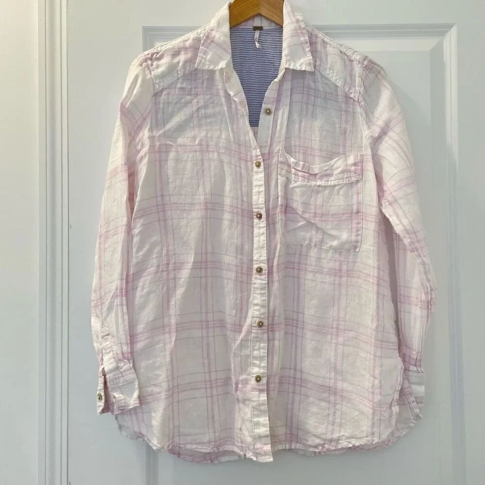 Free People No Limits Plaid Linen Button Front Longsleeve Shirt Women's Small